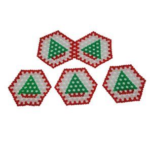 4 Vintage Christmas Beaded Doilies Plastic Red Green White Christmas Tree Kitsch
